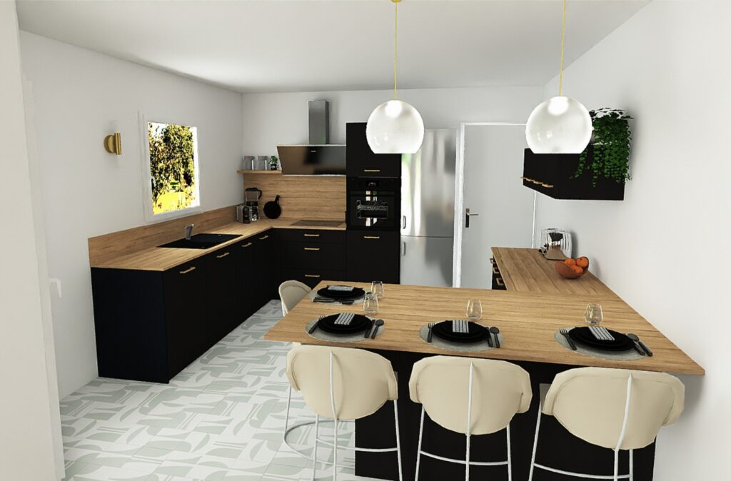 Cuisine contemporaine aménagée à Rennes par Yellow Spot, architectes d’intérieur, avec îlot central, matériaux naturels, éclairage doux et agencement ergonomique.
