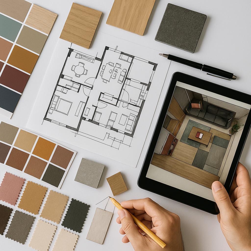 Vue plongeante d’un plan d’aménagement intérieur réalisé à Rennes par Yellow Spot, entouré d’échantillons de bois, de tissus, de crayons et d’une tablette affichant un rendu 3D